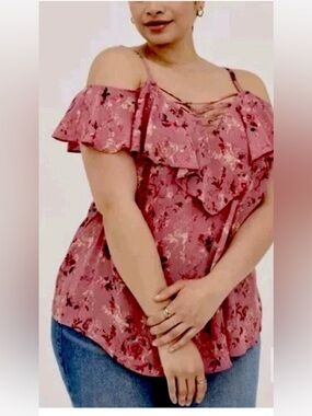 Torrid Top 1 Lace Up Cold Shoulder Blouse Georgette Floral Dusty Rose Shirt 1X